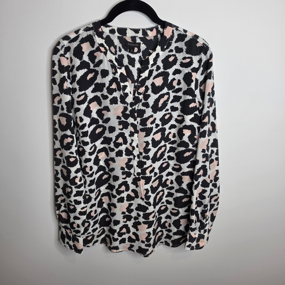 Talbots Leopard Print Blouse Womens Medium Black Pink White Long Sleeve V-Neck